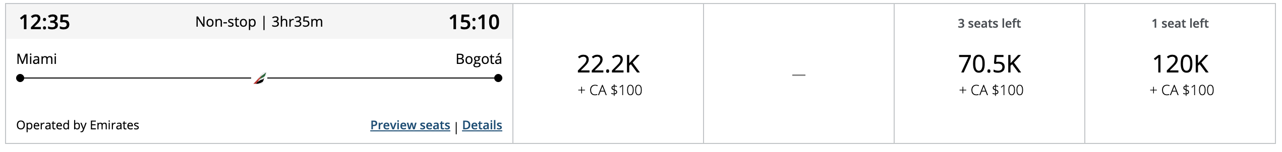 MIA BOG Emirates First Class availability on Aeroplan